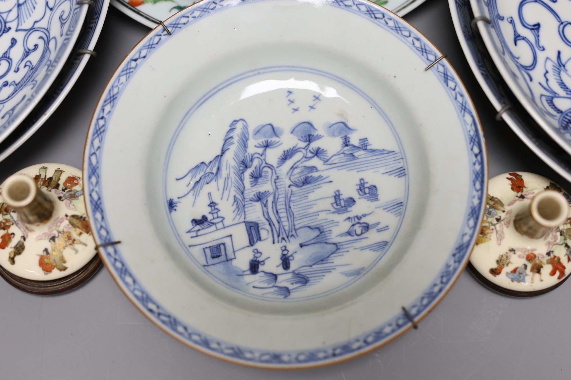 A selection of various Oriental ceramics, to include an 18th century Chinese export bowl with a similar 19th century dish, and other Chinese blue and white china